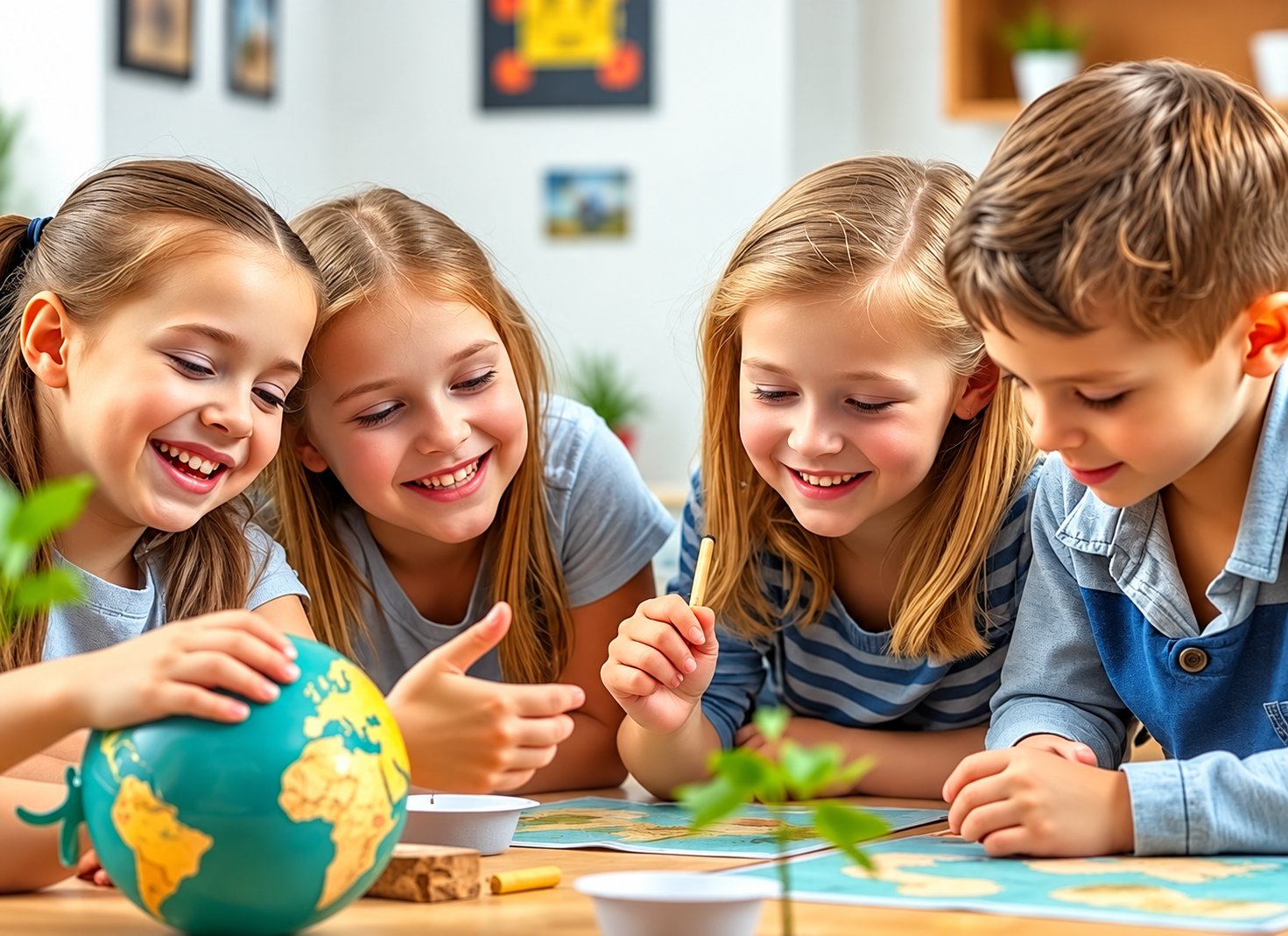 Kinder entdecken gemeinsam mit Globus und Landkarten die Welt