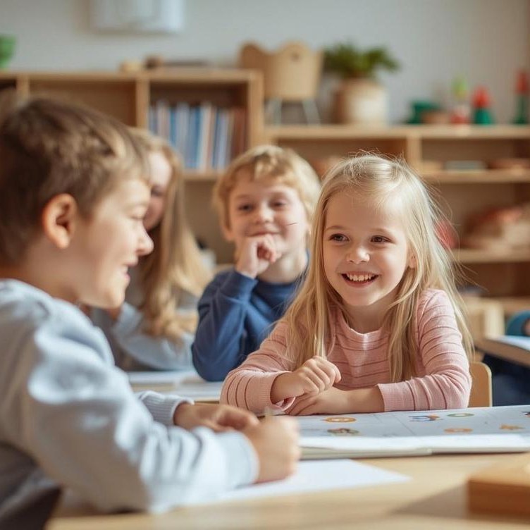 Lachende Grundschulkinder bei der gemeinsamen Arbeit am Tisch
